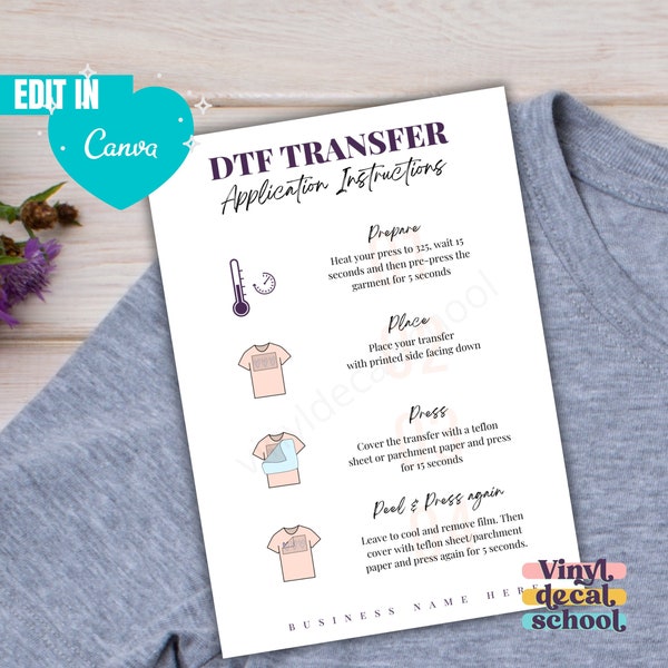 DTF Transfer Instruction Card with Illustrations // Ready To Press DTF Instructions Sheet // Edit on Canva, Instructions inc.