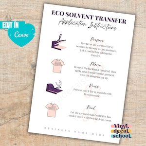 Eco Solvent Transfer Anleitungskarte mit Illustrationen // Ecolösungsmittel Transfer Kurzanleitung // Schnitt auf Canva inkl.