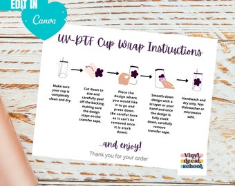Editable UV-DTF Wrap Instructions with Illustrations // Simple Style UVDTF Application Card // Edit on Canva, Instructions included