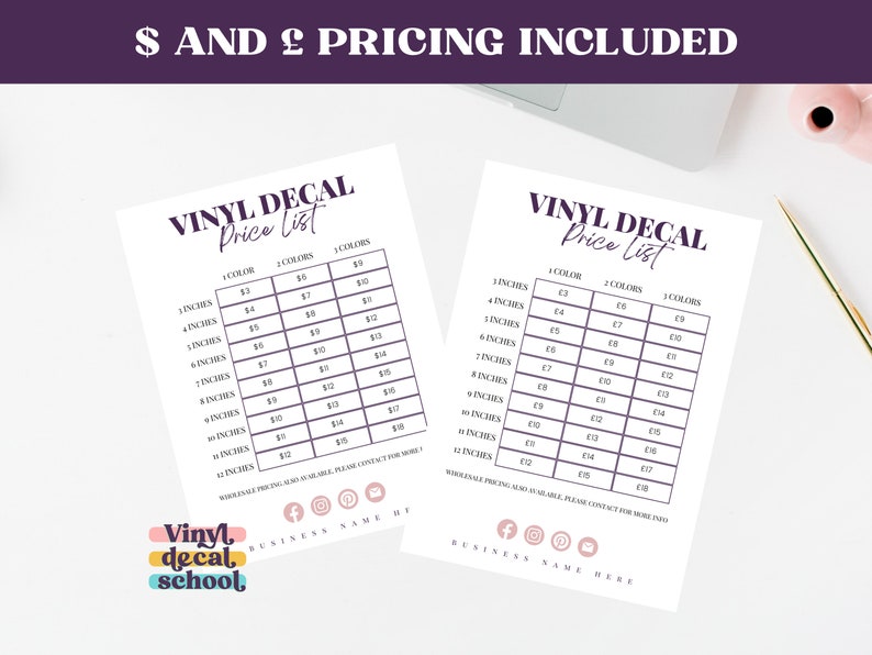 Editable Vinyl Pricing List // Easy to Read Vinyl Decal Pricing Chart