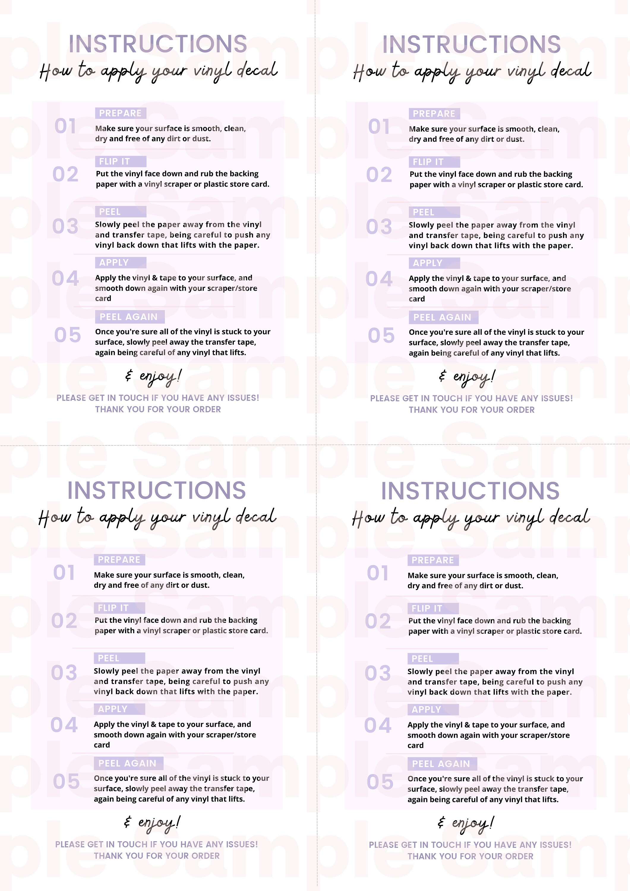 Printable Decal Instructions for Adhesive Vinyl With Illustrations // 4 per  Page US Letter & A4 // Decal Application PDF Printables 