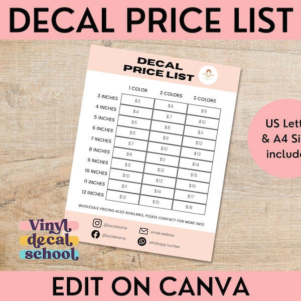 Editable Vinyl Decal Price Chart Etsy