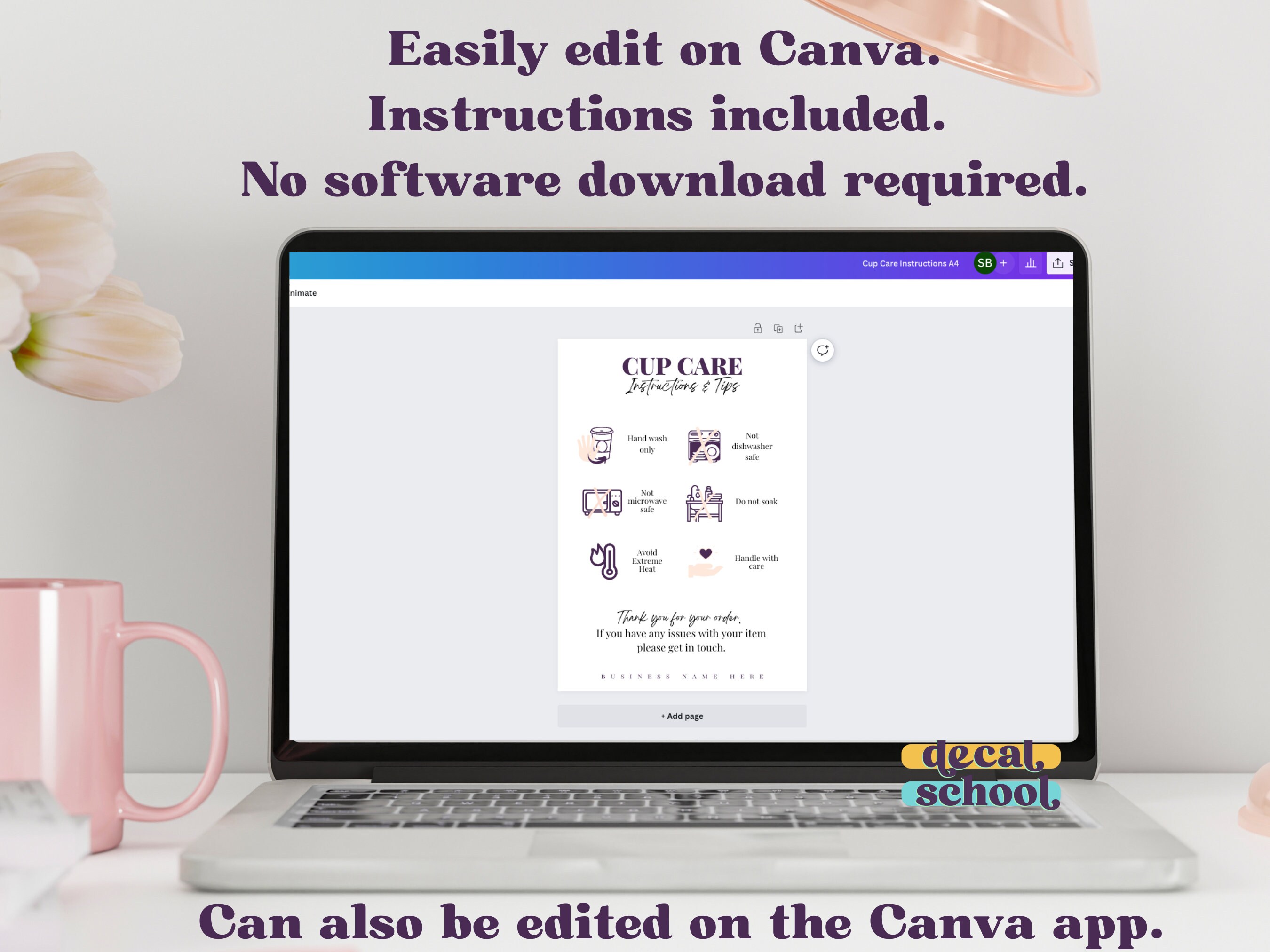 Editable Cup Care Template With Illustrations // Tumbler Care ...