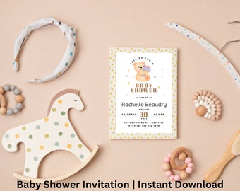 May include: A baby shower invitation with a yellow and white polka dot background. The invitation features a cartoon bear holding a bouquet of flowers. The text on the invitation reads "Join us for a Baby Shower in honor of Rachelle Beaudry, Saturday, August 30, 2023, at 1 p.m."