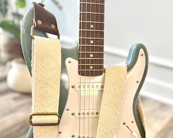 Woven Cotton Guitar Strap made with Genuine Leather, Adjustable Strap for Acoustic, Electric or Bass Guitars, Gift for Musician
