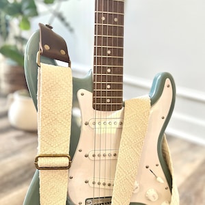 Woven Cotton Guitar Strap made with Genuine Leather, Adjustable Strap for Acoustic, Electric or Bass Guitars, Gift for Musician