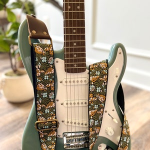 Green Floral Guitar Strap made with Genuine Leather, Adjustable Strap for Acoustic, Electric or Bass Guitars, Gift for Musician