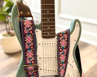 Pink Floral Guitar Strap made with Genuine Leather, Adjustable Strap for Acoustic, Electric or Bass Guitars, Gift for Musician