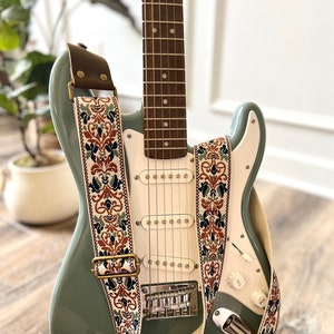 Retro Style Beige Floral Guitar Strap made with Genuine Leather, Adjustable Strap for Acoustic, Electric or Bass Guitars, Gift for Musician