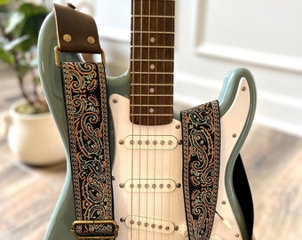 Tracolla per chitarra Paisley in stile retrò realizzata in vera pelle, tracolla regolabile per chitarre acustiche, elettriche o basso, regalo per musicisti