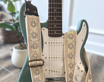 Iridescent Floral & Sequin Guitar Strap with Genuine Leather, Adjustable Strap for Acoustic, Electric or Bass Guitars, Gift for Musician