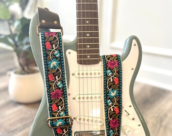 Blue Floral Lace Guitar Strap made with Genuine Leather, Adjustable Strap for Acoustic, Electric or Bass Guitars, Gift for Musician