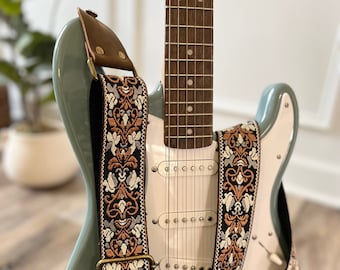 Correa de guitarra floral de estilo retro hecha con cuero genuino, Correa ajustable para guitarras acústicas, eléctricas o bajas, Regalo para músicos