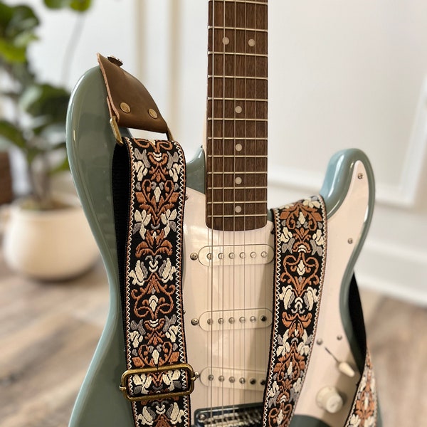 Retro Style Floral Guitar Strap made with Genuine Leather, Adjustable Strap for Acoustic, Electric or Bass Guitars, Gift for Musician