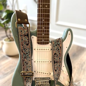Retro Style Paisley Guitar Strap made with Genuine Leather, Adjustable Strap for Acoustic, Electric or Bass Guitars, Gift for Musician