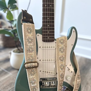 Iridescent Floral & Sequin Guitar Strap with Genuine Leather, Adjustable Strap for Acoustic, Electric or Bass Guitars, Gift for Musician