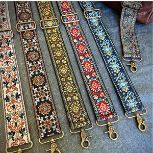 Retro Jacquard Purse Strap, 2" wide adjustable crossbody bag strap, vintage style embroidered guitar strap for handbag, brass hardware