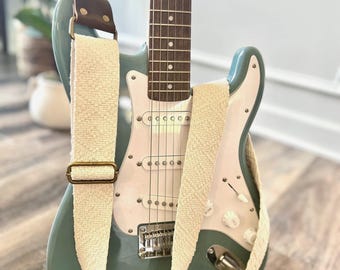 Woven Cotton Guitar Strap, Custom Genuine Leather, Adjustable Strap for Acoustic, Electric or Bass Guitars, Gift for Musician