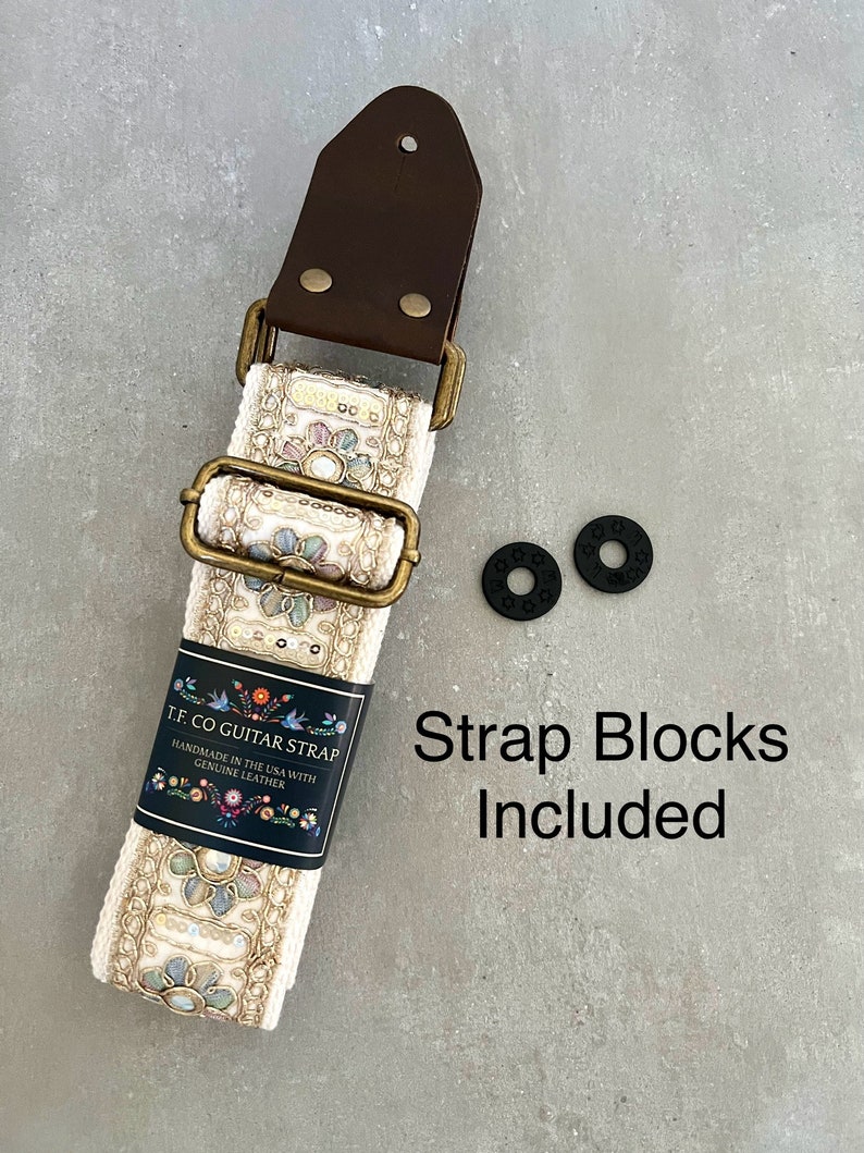 Iridescent Floral & Sequin Guitar Strap with Genuine Leather, Adjustable Strap for Acoustic, Electric or Bass Guitars, Gift for Musician image 5