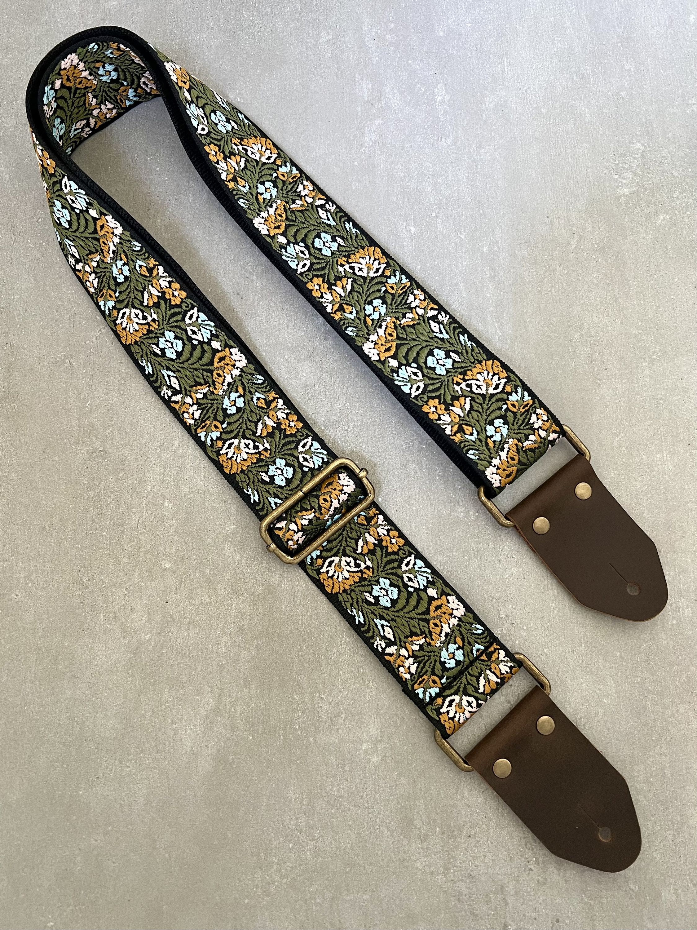 Green Floral Guitar Strap made with Genuine Leather, Adjustable Strap for Acoustic, Electric or Bass Guitars, Gift for Musician