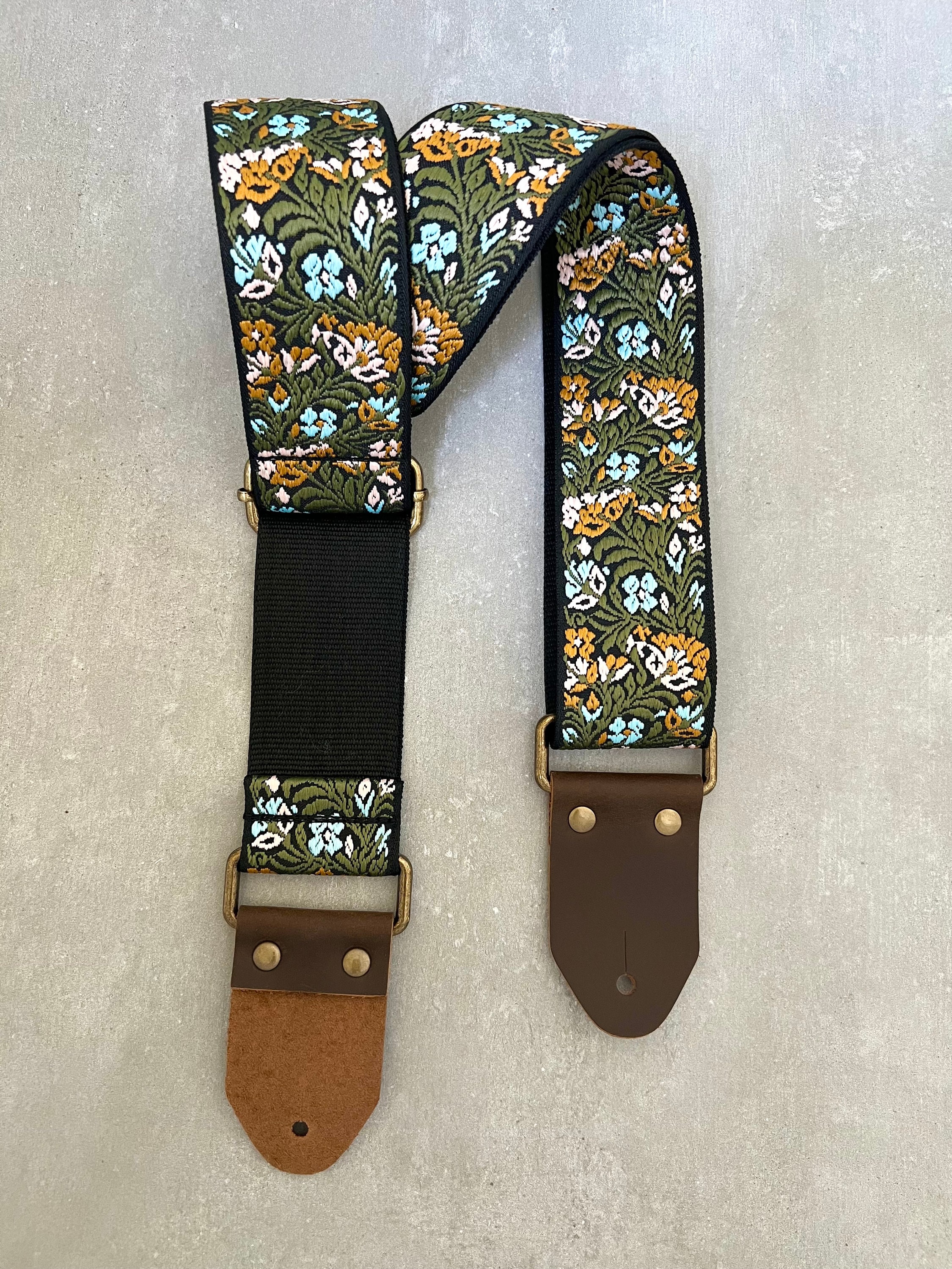 Green Floral Guitar Strap made with Genuine Leather, Adjustable Strap for Acoustic, Electric or Bass Guitars, Gift for Musician