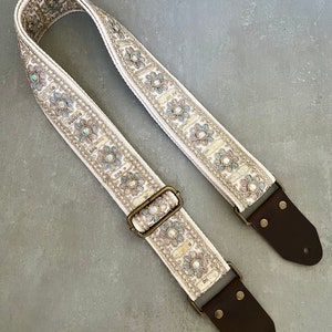 Iridescent Floral & Sequin Guitar Strap with Genuine Leather, Adjustable Strap for Acoustic, Electric or Bass Guitars, Gift for Musician image 2