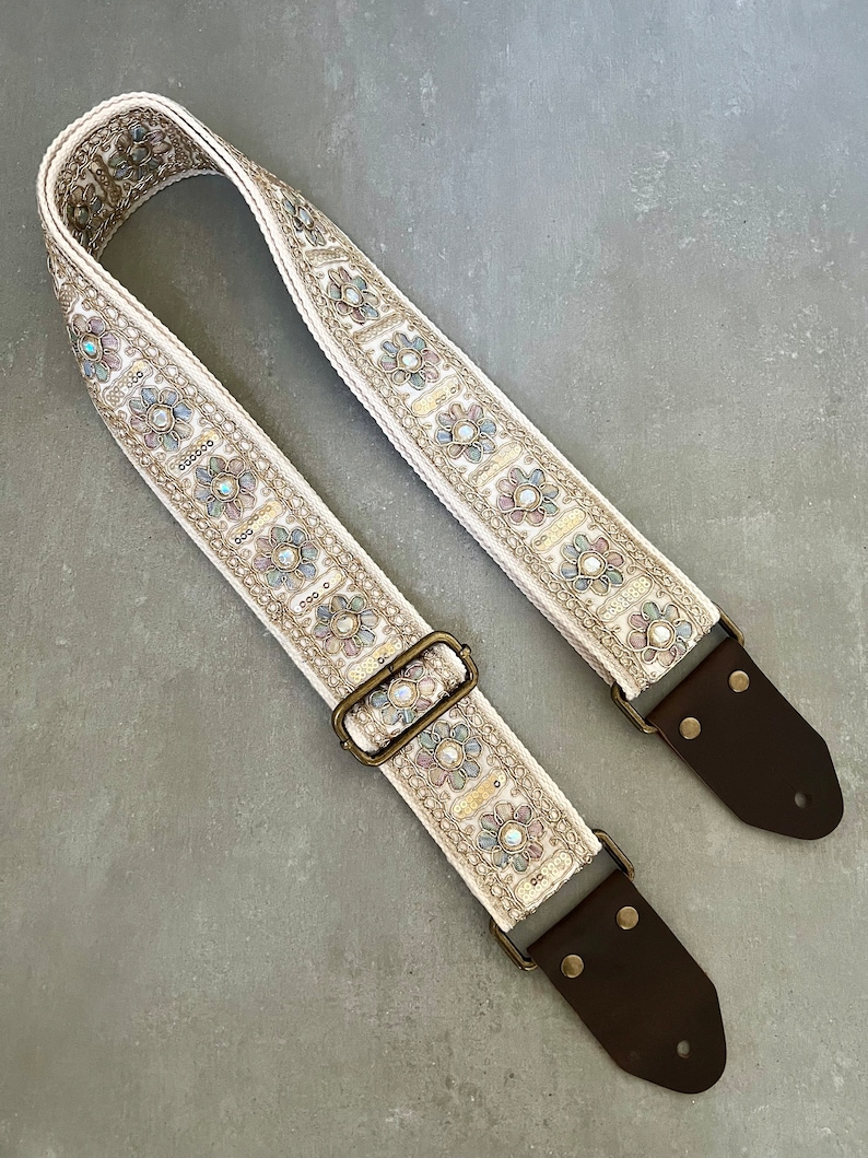 Iridescent Floral & Sequin Guitar Strap with Genuine Leather, Adjustable Strap for Acoustic, Electric or Bass Guitars, Gift for Musician image 2