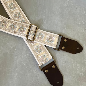 Iridescent Floral & Sequin Guitar Strap with Genuine Leather, Adjustable Strap for Acoustic, Electric or Bass Guitars, Gift for Musician image 4
