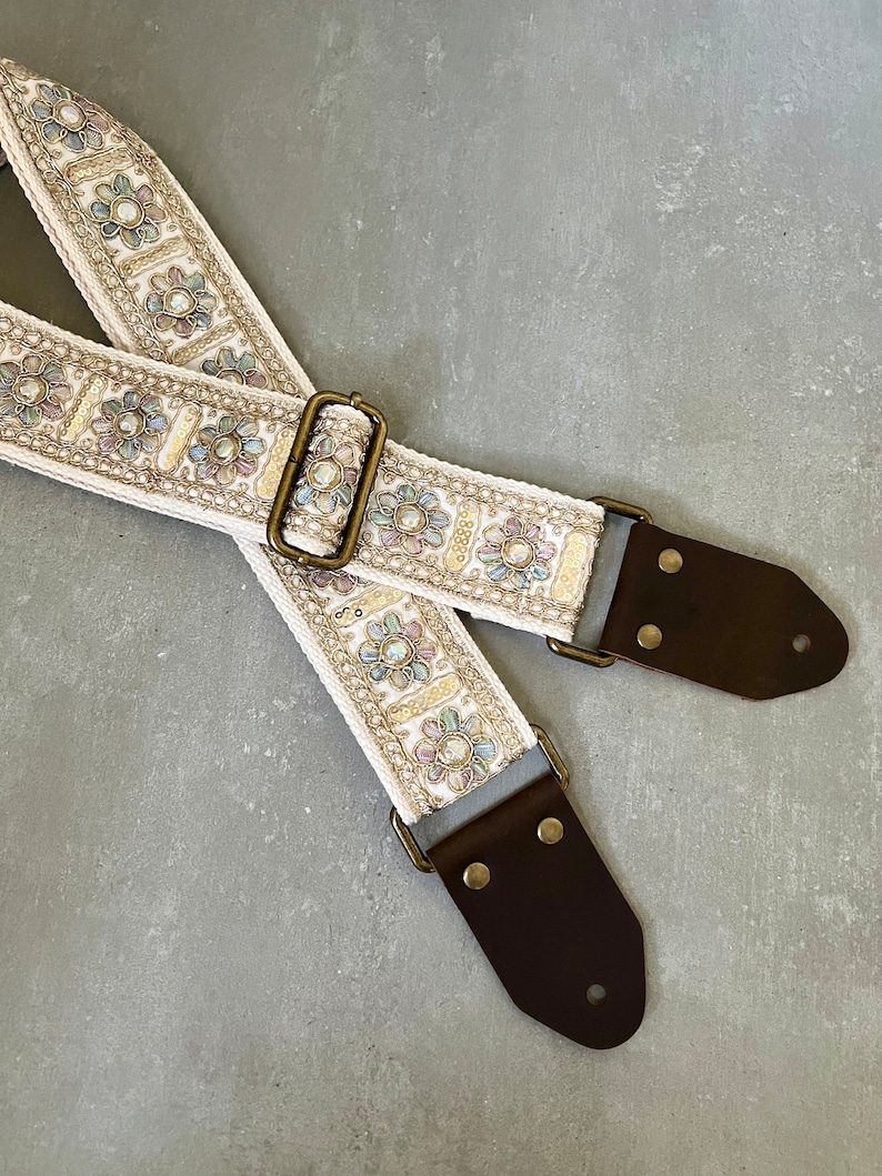 Iridescent Floral & Sequin Guitar Strap with Genuine Leather, Adjustable Strap for Acoustic, Electric or Bass Guitars, Gift for Musician image 4