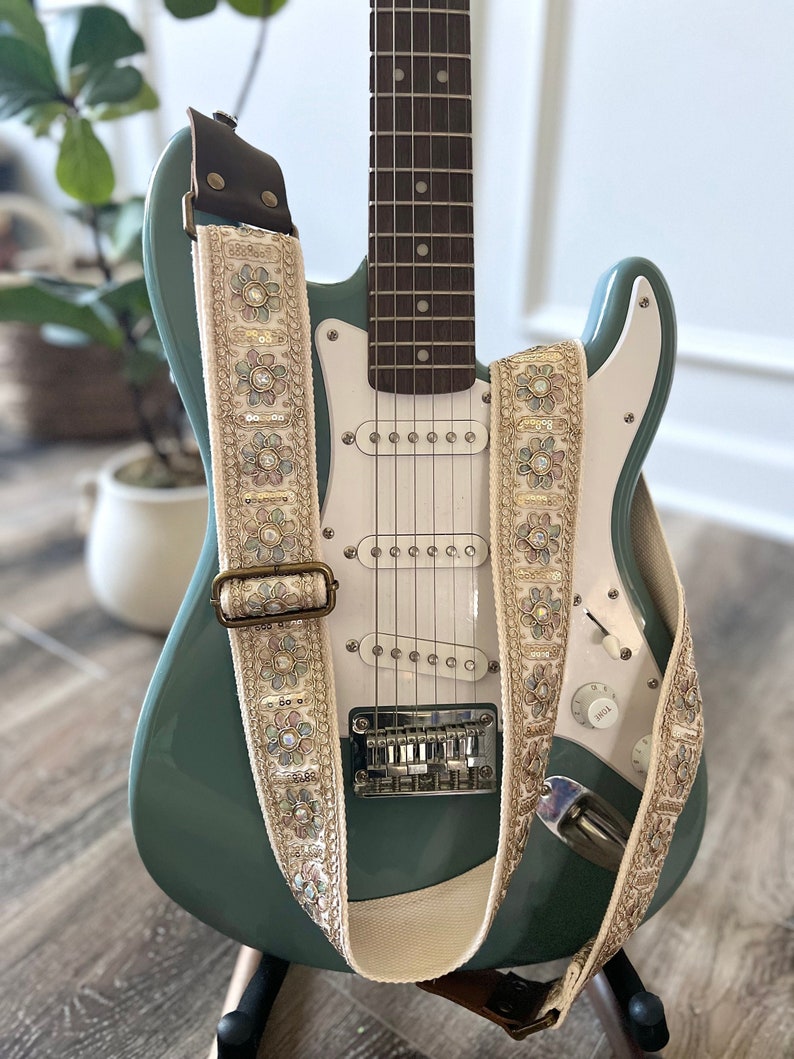 Iridescent Floral & Sequin Guitar Strap with Genuine Leather, Adjustable Strap for Acoustic, Electric or Bass Guitars, Gift for Musician image 1