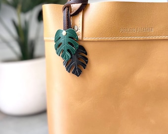 Monstera Leaf Leather Bag Charm, Italian Leather Tote Bag Accessory, Boho Purse Charm, Gift for Plant Lover, Made in USA