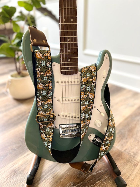 Green Floral Guitar Strap made with Genuine Leather, Adjustable Strap for Acoustic, Electric or Bass Guitars, Gift for Musician
