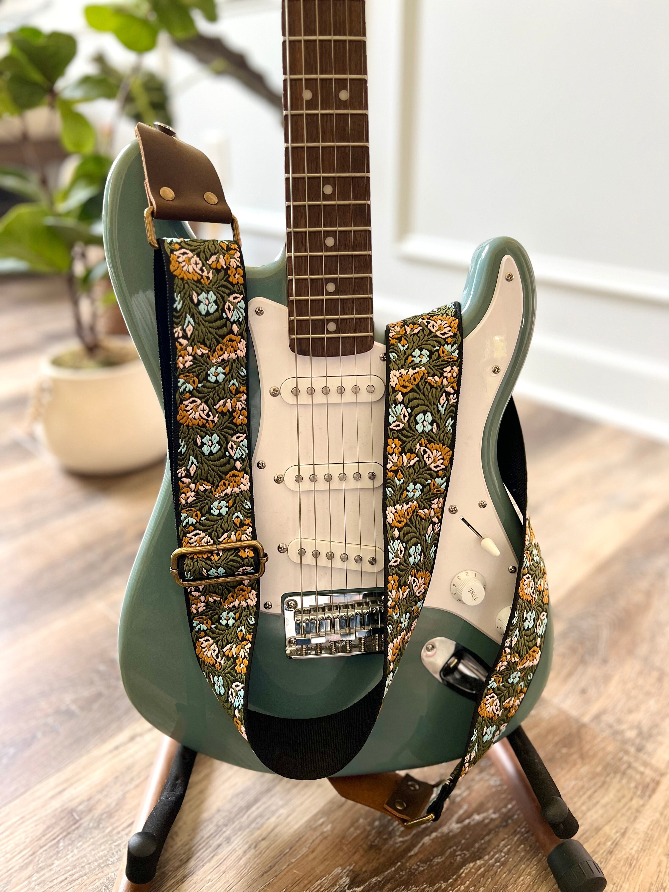 Green Floral Guitar Strap made with Genuine Leather, Adjustable Strap for Acoustic, Electric or Bass Guitars, Gift for Musician