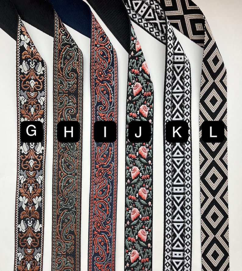 May include: Eight different patterned ribbon trims in various colors, including black, white, red, green, and gold. The trims are labeled with letters G through L.