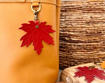 Maple Leaf Leather Bag Charm, Autumn Leaf Purse Charm, Italian Leather Keychain, Zipper Pull -Handmade in the USA-