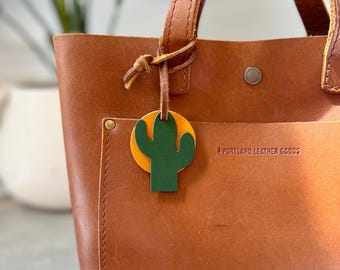 Cactus Sun Leather Bag Charm, Southwest Inspired Purse Charm, Leather Charm for Totes and Purses, Desert Sunset, Gift for Plant Lover