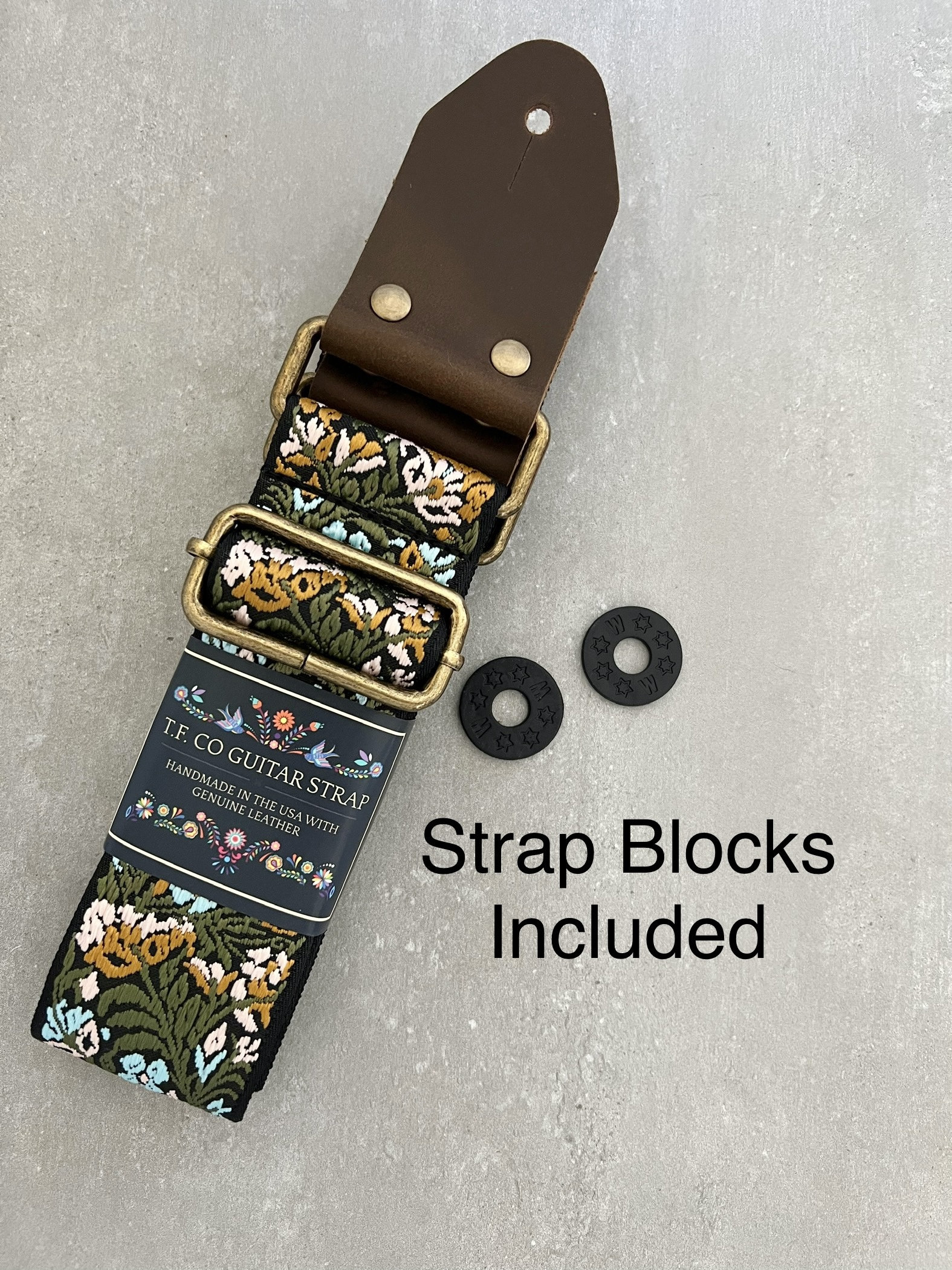 Green Floral Guitar Strap made with Genuine Leather, Adjustable Strap for Acoustic, Electric or Bass Guitars, Gift for Musician