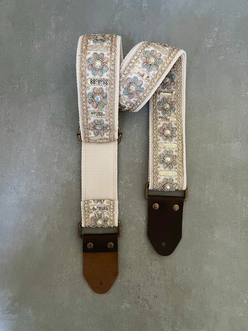 Iridescent Floral & Sequin Guitar Strap with Genuine Leather, Adjustable Strap for Acoustic, Electric or Bass Guitars, Gift for Musician image 3