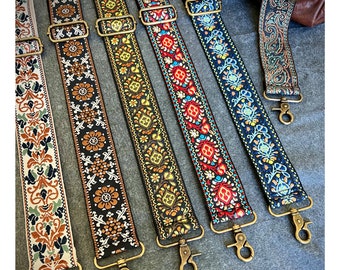 Retro Jacquard Purse Strap, 2" wide adjustable crossbody bag strap, vintage style embroidered guitar strap for handbag, brass hardware