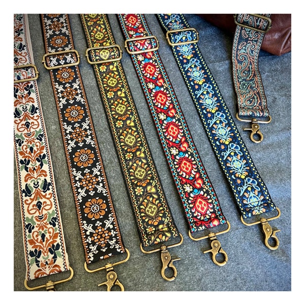 Retro Jacquard Purse Strap, 2" wide adjustable crossbody bag strap, vintage style embroidered guitar strap for handbag, brass hardware