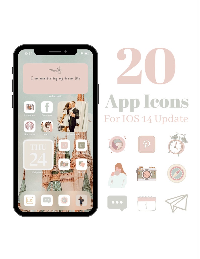 K&ouml;nnte beinhalten: Ein Smartphone zeigt einen benutzerdefinierten Startbildschirm mit App-Symbolen und Widgets. Der Bildschirm hat ein hellrosa und beiges Farbschema mit dem Text "I am manifesting my dream life". Das Bild enth&auml;lt auch 20 App-Symbole f&uuml;r das iOS 14-Update.