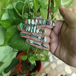 Könnte beinhalten: Eine Sammlung kleiner, polierter Abalone-Muschel-Cabochons in verschiedenen Formen und schillernden Farben, darunter Grün, Blau und Violett. Die Stücke sind in Reihen angeordnet, die mit 1 bis 8, 9 bis 17, 18 bis 24 und 25 bis 27 beschriftet sind.