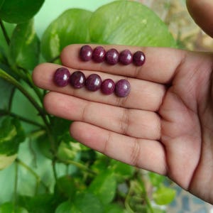 Puede incluir: Diez piedras preciosas cabujón pequeñas, de forma ovalada y color magenta intenso, dispuestas en dos filas horizontales. Cada piedra presenta una superficie abovedada, lisa y pulida con un tono rojo rosado oscuro.
