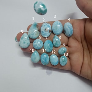 Op de afbeelding: Een verzameling van dertien gepolijste larimar edelstenen in verschillende vormen, vari&euml;rend van ovaal tot druppelvormig. De stenen vertonen een reeks blauwe en witte tinten, met enkele hints van groen. De edelstenen worden in een hand gehouden.
