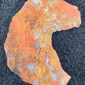 May include: A uniquely shaped, polished stone with a vibrant mix of colors. The surface displays a blend of orange, yellow, and white hues, with intricate patterns and textures. The stone's irregular shape adds to its natural appeal.