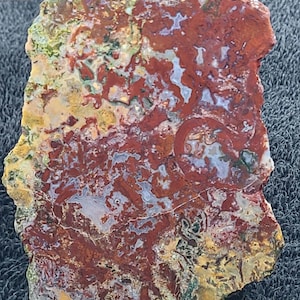 May include: A polished, irregularly shaped stone with a complex pattern of colors. The dominant hues are deep red and brown, interspersed with areas of white, green, and yellow. The stone's surface displays intricate veining and swirling patterns.