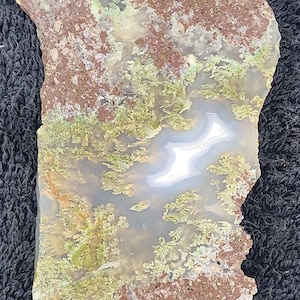 May include: A polished, irregularly shaped stone with a natural pattern. The stone features a central white area surrounded by layers of gray, green, and brown hues. The surface has a textured appearance, showcasing the stone's unique geological formations.