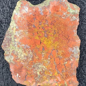 May include: A natural stone slab with a unique, organic pattern. The surface displays a blend of warm colors, including shades of red, orange, yellow, and green. The stone has a rough, textured appearance with visible cracks and variations, suggesting a natural origin.