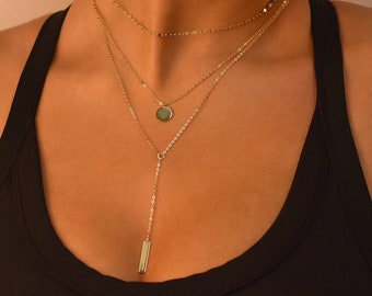 Layered Lariat Necklace with Bar and Disc Pendant 14K Gold Plated .925 Sterling Silver , Best Necklace Chain Gift - Gift for Mom