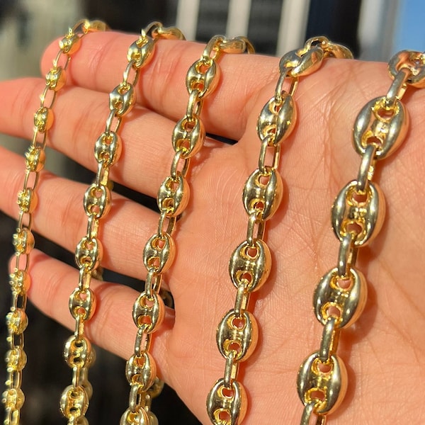Puffed Anker Mariner Gliederketten-Halskette 14K Gelbgold plattiert Silber 925 ALLE GRÖSSEN